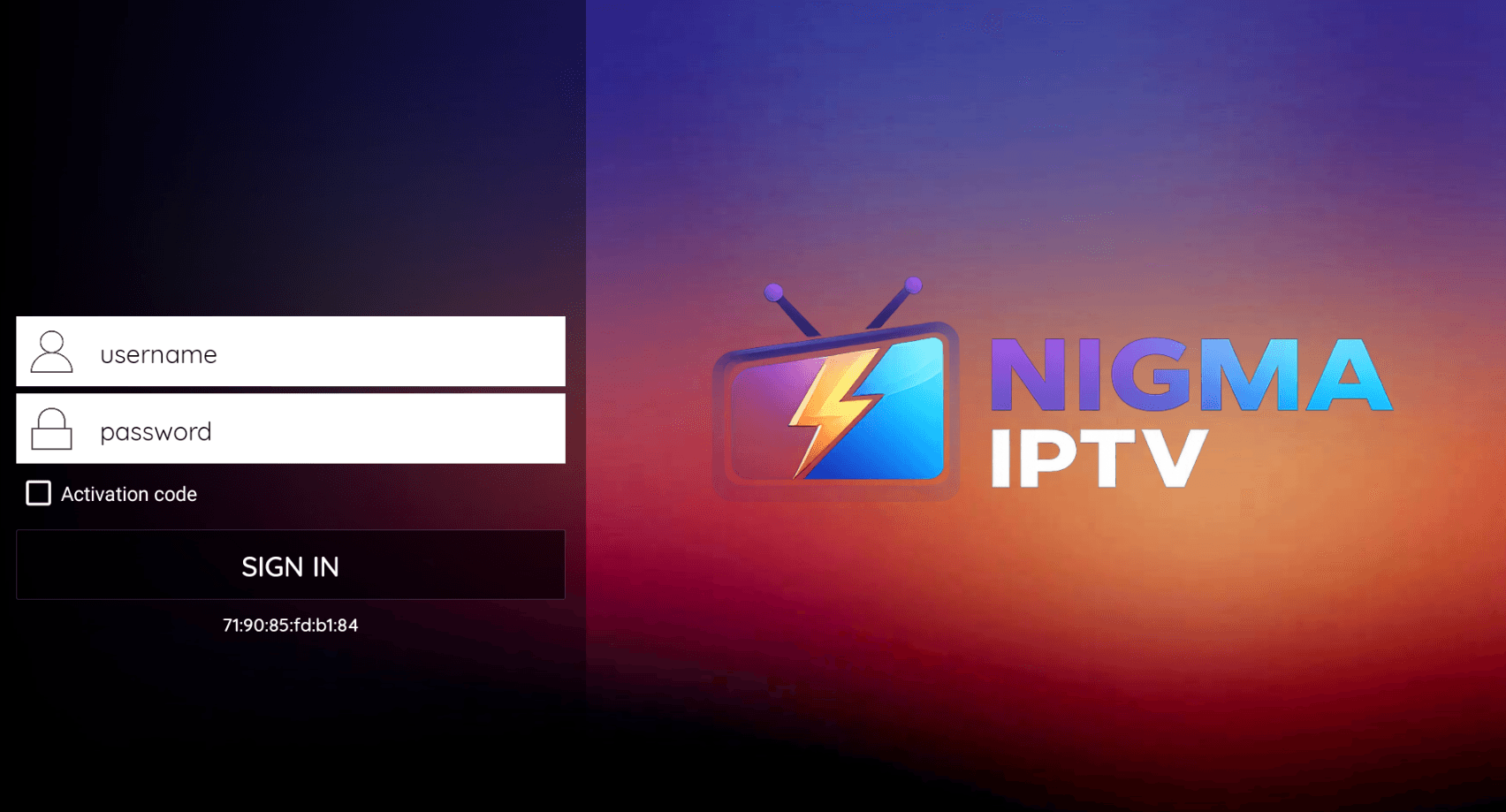 NIGMA IPTV login screen